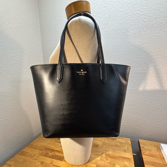 Kate Spade Black Leather Tote Bag Shoulder Bag Work Carryall - Picture 1 of 9